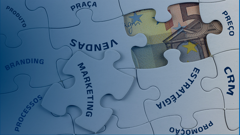 Ilustração de um quebra-cabeça com peças do marketing estratégico como Produto, Preço, Praça, Promoção, CRM, Branding e mais.
