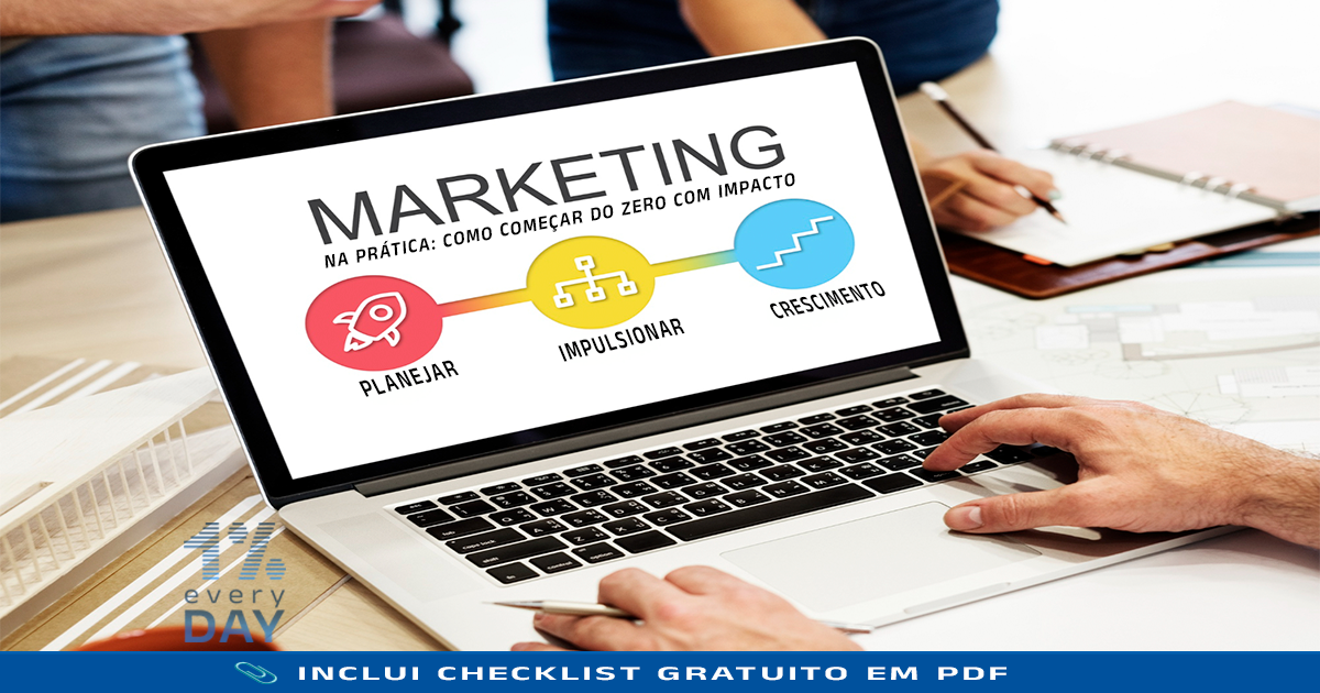 Imagem de um notebook com conceito de marketing na prática: planejar, impulsionar e crescer. Inclui destaque para checklist gratuito em PDF.