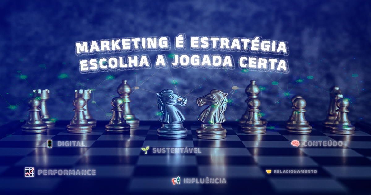 Peças de xadrez com ícones representando tipos de marketing: digital, performance, conteúdo, influência, relacionamento e sustentável.